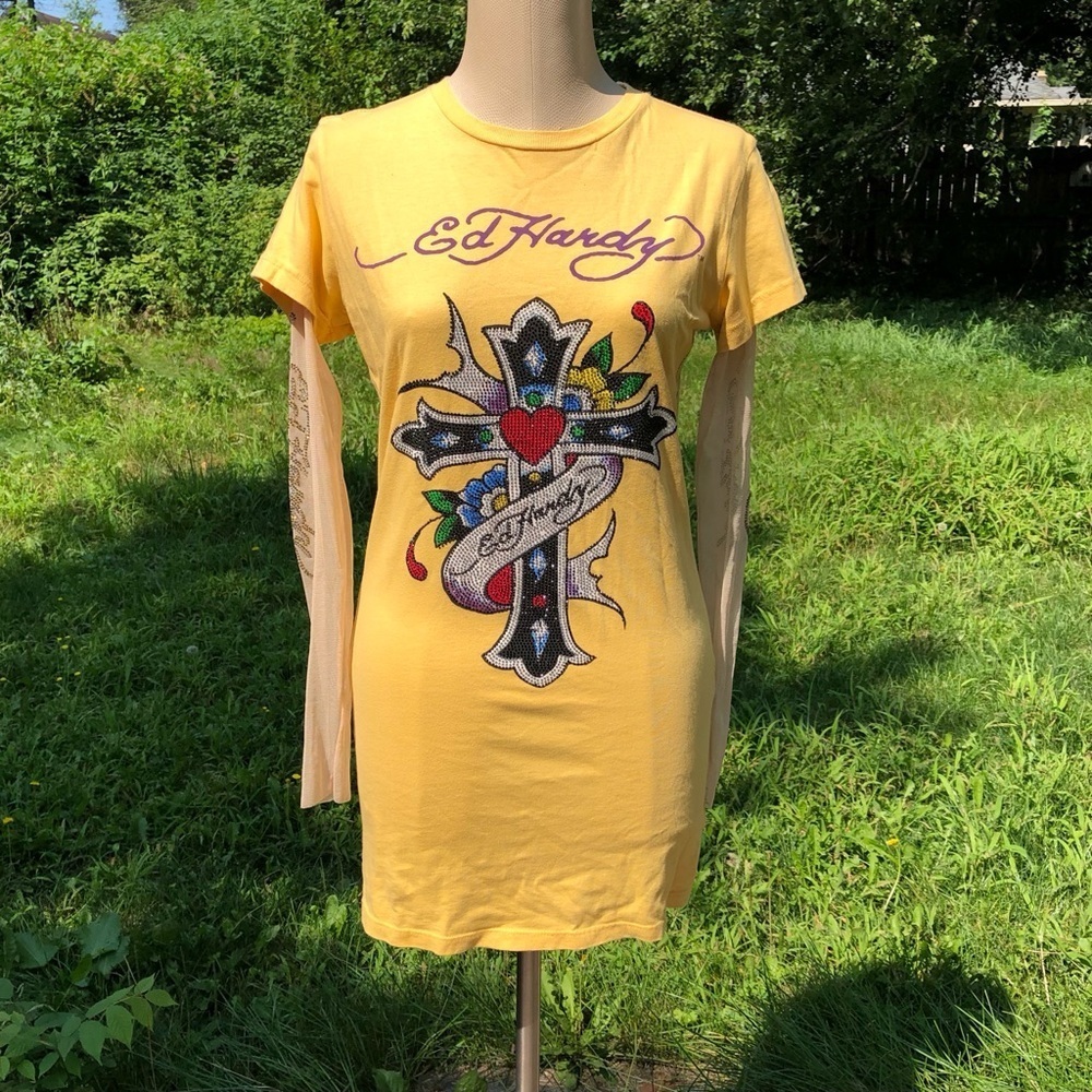 Ed Hardy Yellow Graphic Long Sleeve Layered Tee